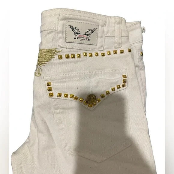 Robin’s Jeans Men’s Sz 29 Studded Gold white Designer Fashion Flap Button Wing